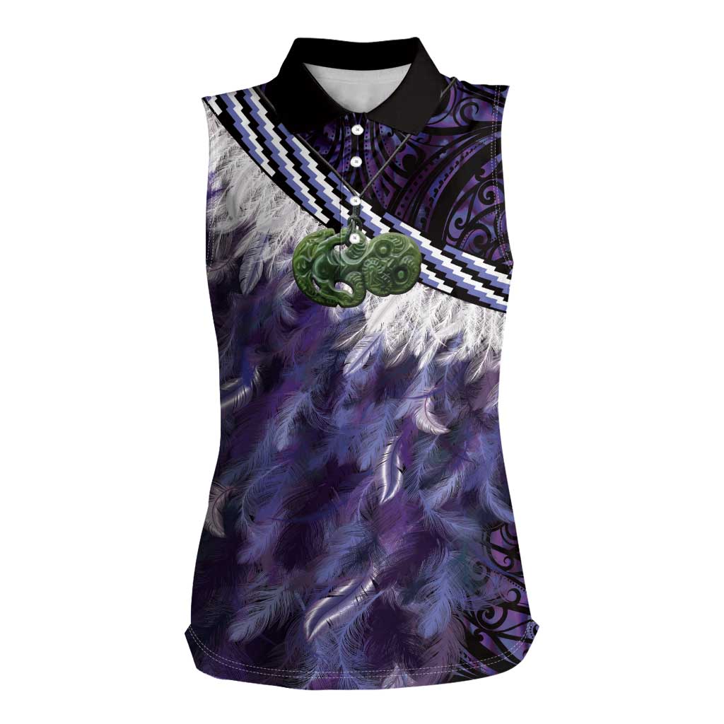 Purple Traditional Cloak Aotearoa Women Sleeveless Polo Shirt Maori Paua Shell Korowai Pattern