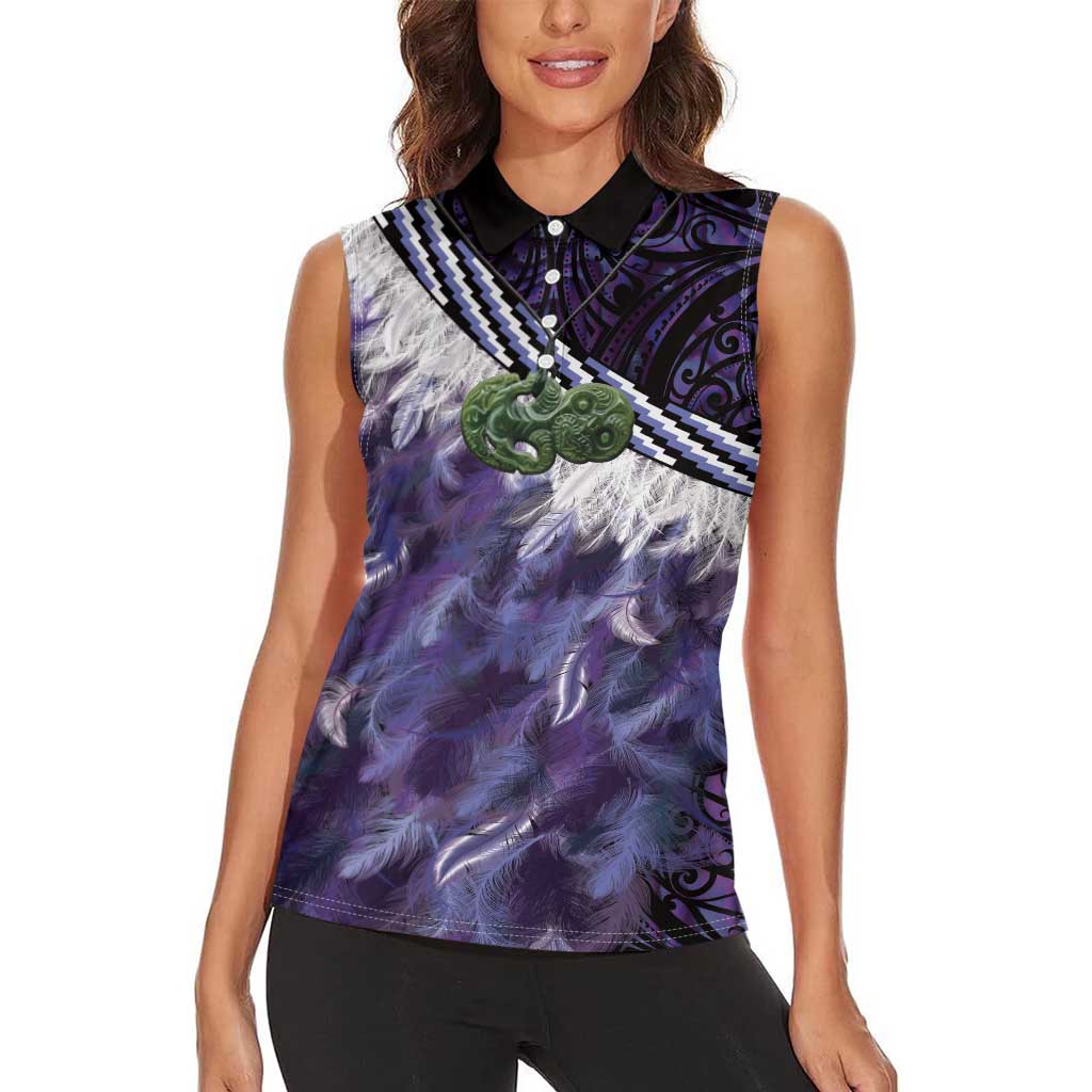 Purple Traditional Cloak Aotearoa Women Sleeveless Polo Shirt Maori Paua Shell Korowai Pattern