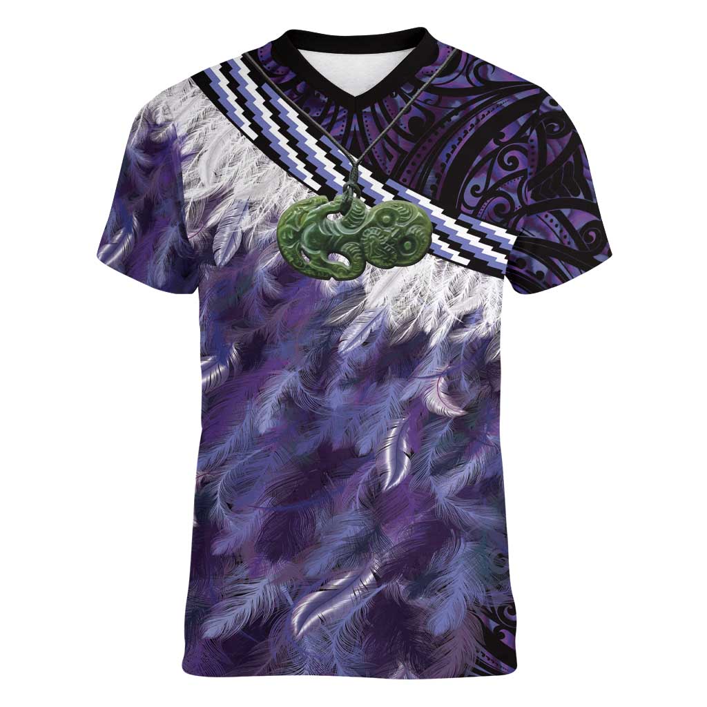 Purple Traditional Cloak Aotearoa Women V-Neck T-Shirt Maori Paua Shell Korowai Pattern LT14 Female Purple - Polynesian Pride