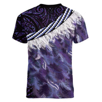 Purple Traditional Cloak Aotearoa Women V-Neck T-Shirt Maori Paua Shell Korowai Pattern LT14 - Polynesian Pride