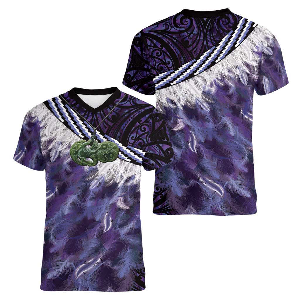 Purple Traditional Cloak Aotearoa Women V-Neck T-Shirt Maori Paua Shell Korowai Pattern LT14 - Polynesian Pride