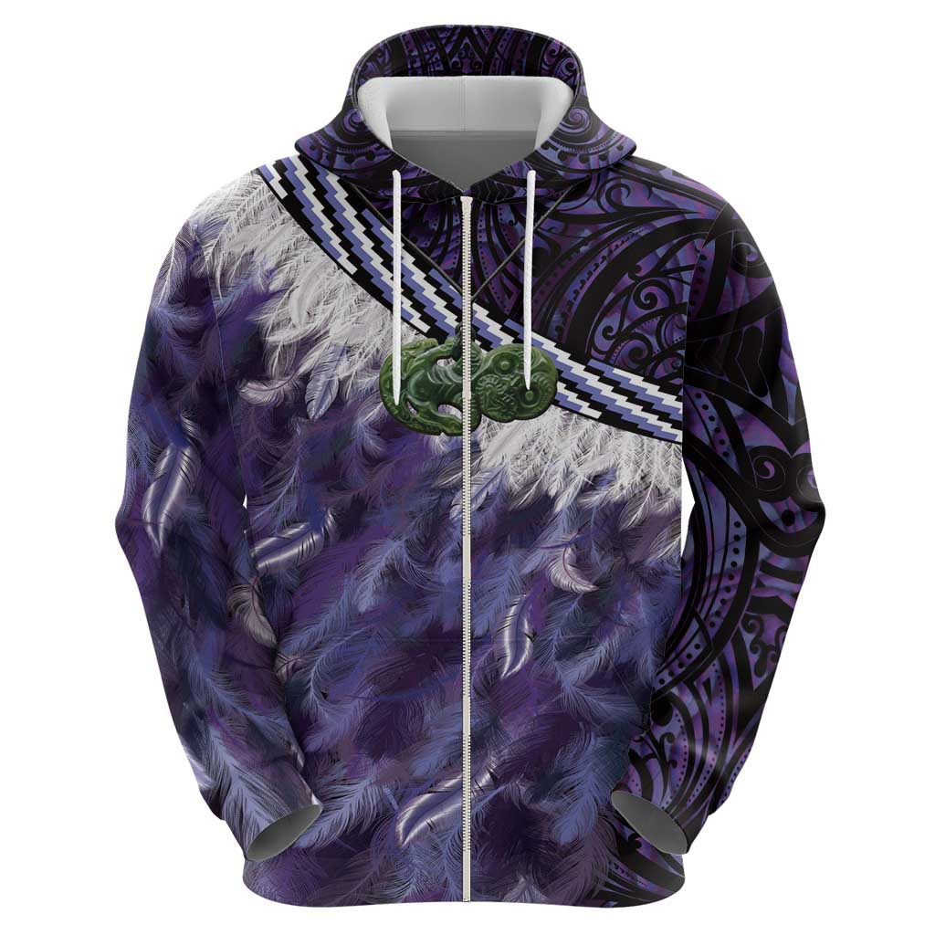 Purple Traditional Cloak Aotearoa Zip Hoodie Maori Paua Shell Korowai Pattern