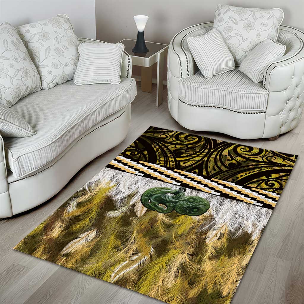 Yellow Traditional Cloak Aotearoa Area Rug Maori Paua Shell Korowai Pattern