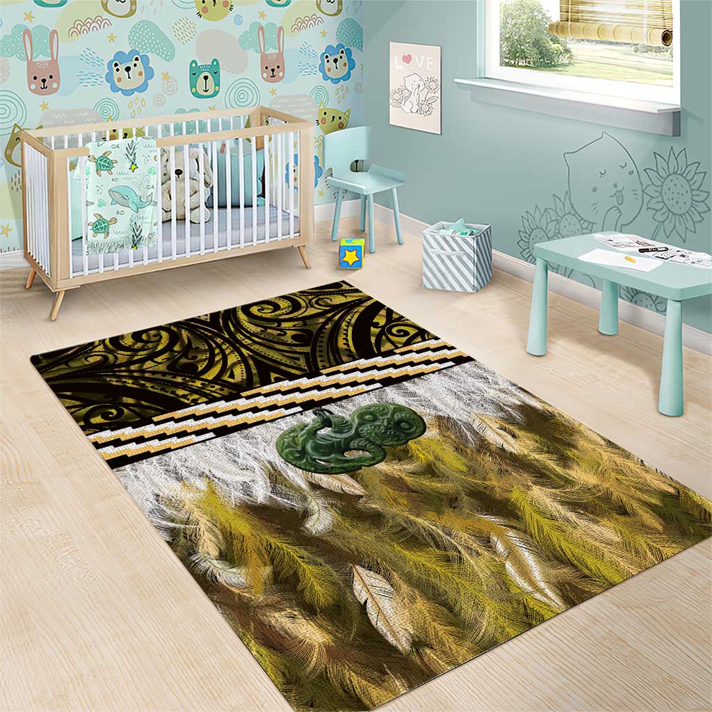 Yellow Traditional Cloak Aotearoa Area Rug Maori Paua Shell Korowai Pattern