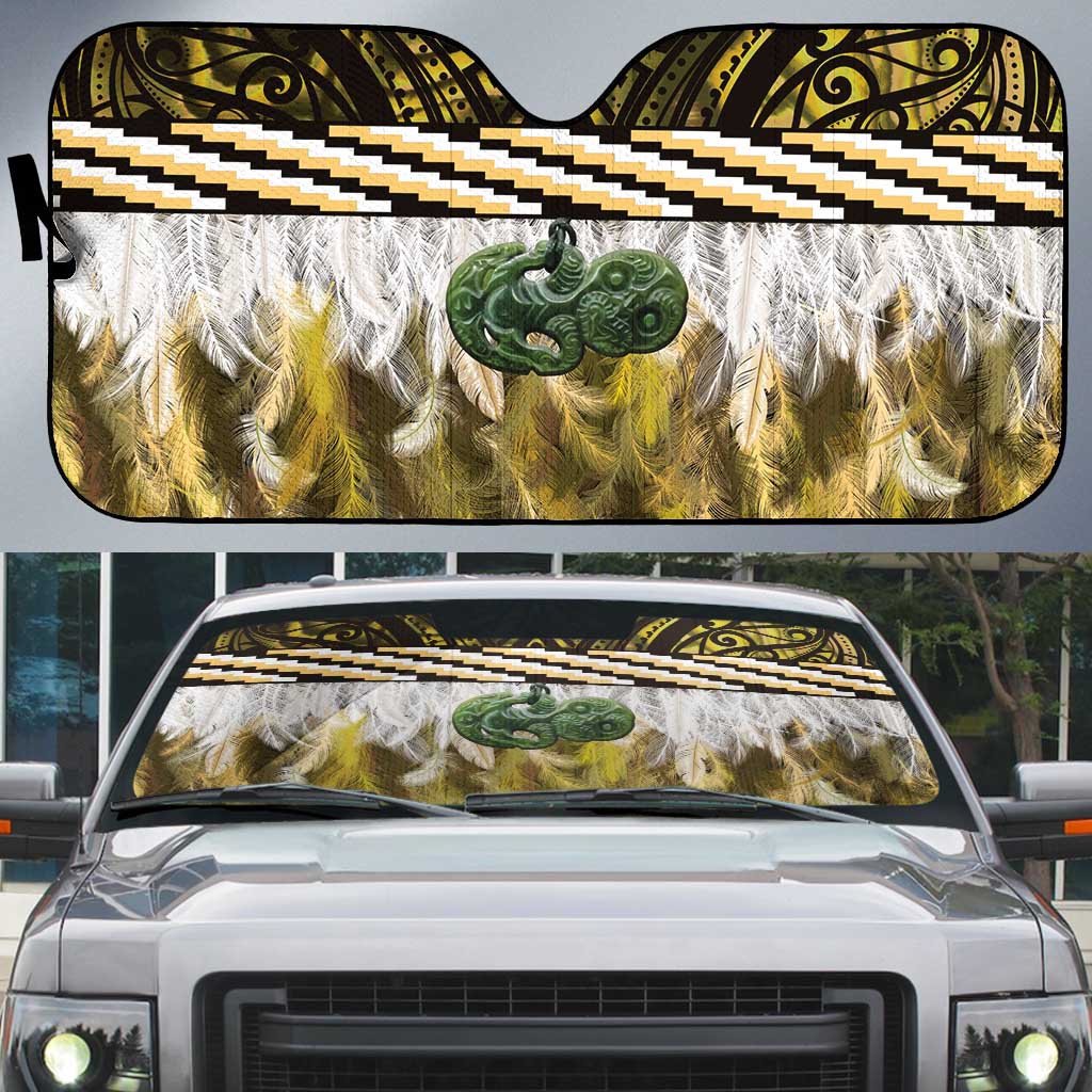 Yellow Traditional Cloak Aotearoa Auto Sun Shade Maori Paua Shell Korowai Pattern - Polynesian Pride
