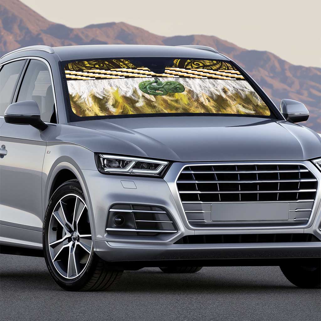 Yellow Traditional Cloak Aotearoa Auto Sun Shade Maori Paua Shell Korowai Pattern - Polynesian Pride