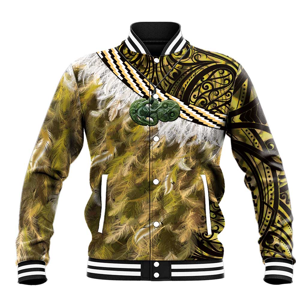 Yellow Traditional Cloak Aotearoa Baseball Jacket Maori Paua Shell Korowai Pattern