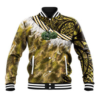 Yellow Traditional Cloak Aotearoa Baseball Jacket Maori Paua Shell Korowai Pattern