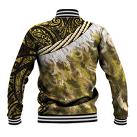 Yellow Traditional Cloak Aotearoa Baseball Jacket Maori Paua Shell Korowai Pattern
