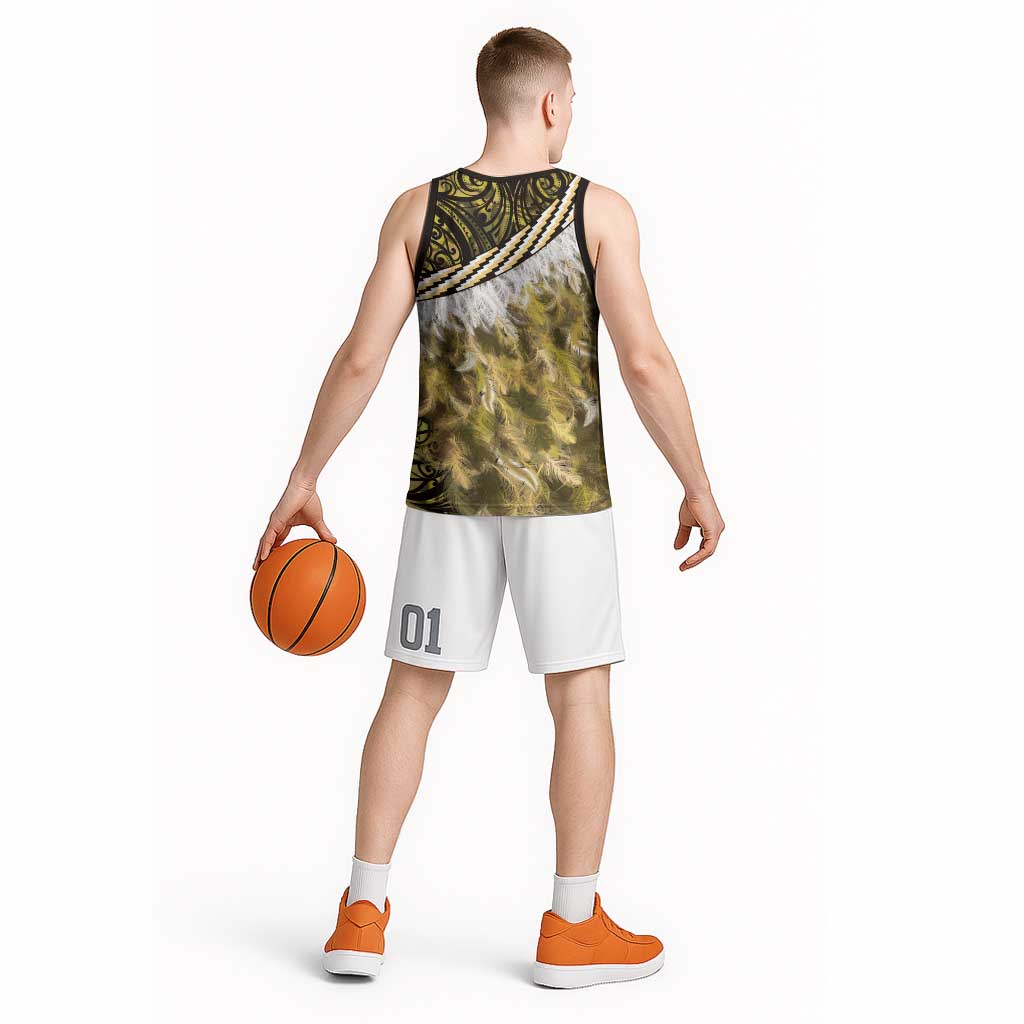 Yellow Traditional Cloak Aotearoa Basketball Jersey Maori Paua Shell Korowai Pattern - Polynesian Pride