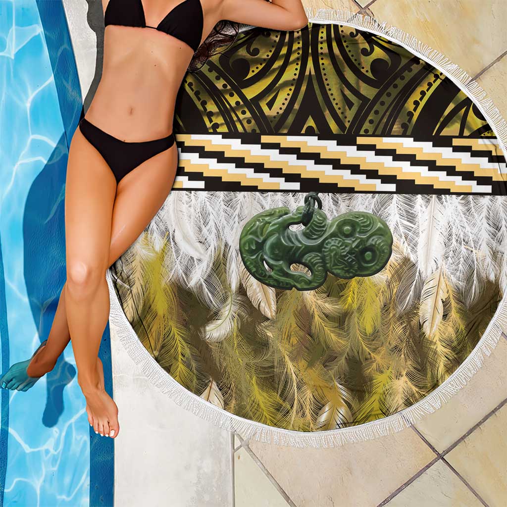 Yellow Traditional Cloak Aotearoa Beach Blanket Maori Paua Shell Korowai Pattern