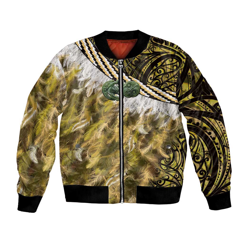 Yellow Traditional Cloak Aotearoa Bomber Jacket Maori Paua Shell Korowai Pattern LT14 Unisex Yellow - Polynesian Pride