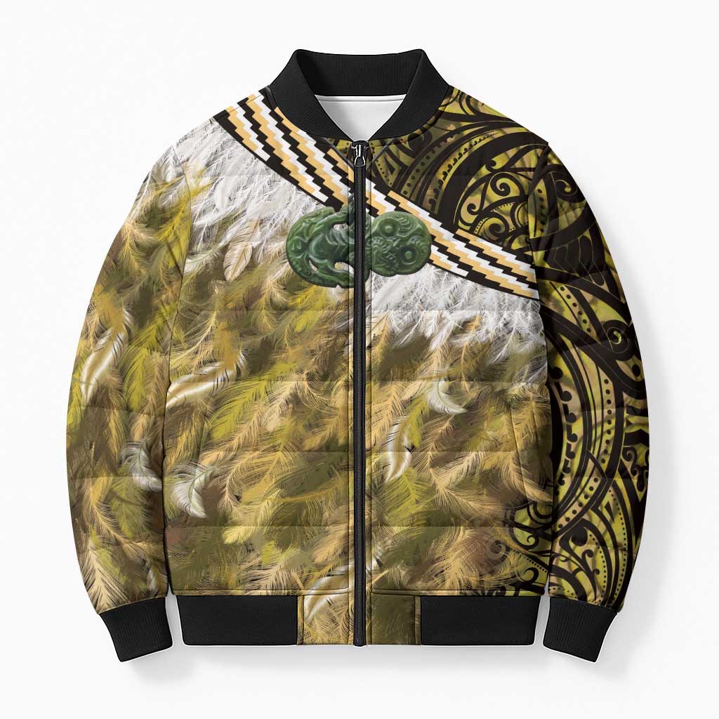 Yellow Traditional Cloak Aotearoa Bomber Puffer Jacket Maori Paua Shell Korowai Pattern - Polynesian Pride