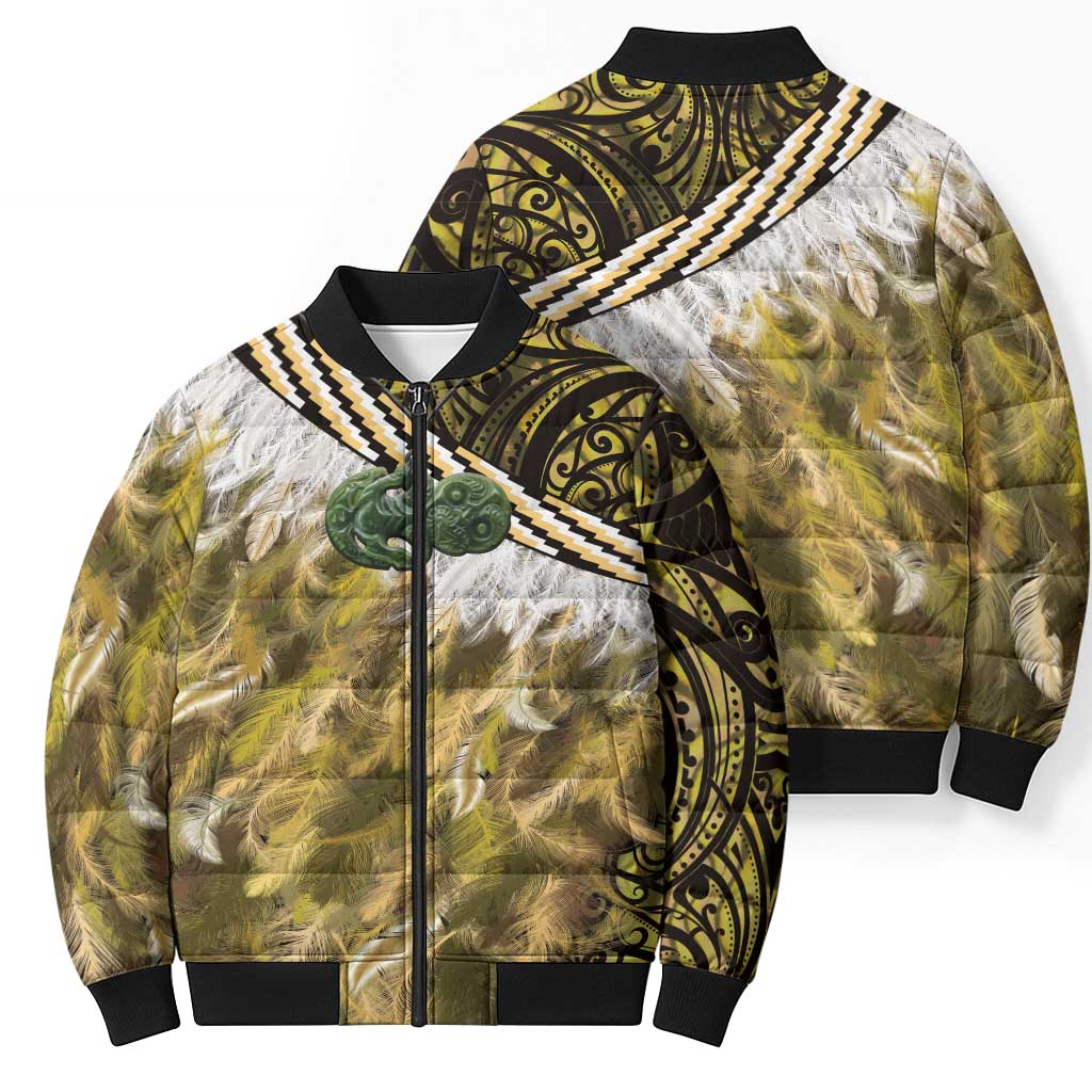 Yellow Traditional Cloak Aotearoa Bomber Puffer Jacket Maori Paua Shell Korowai Pattern - Polynesian Pride