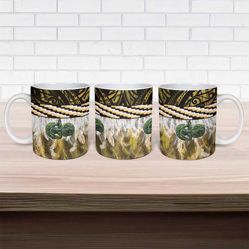 Yellow Traditional Cloak Aotearoa Ceramic Mug Maori Paua Shell Korowai Pattern - Polynesian Pride