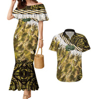 Yellow Traditional Cloak Aotearoa Couples Matching Mermaid Dress and Hawaiian Shirt Maori Paua Shell Korowai Pattern LT14 Yellow - Polynesian Pride