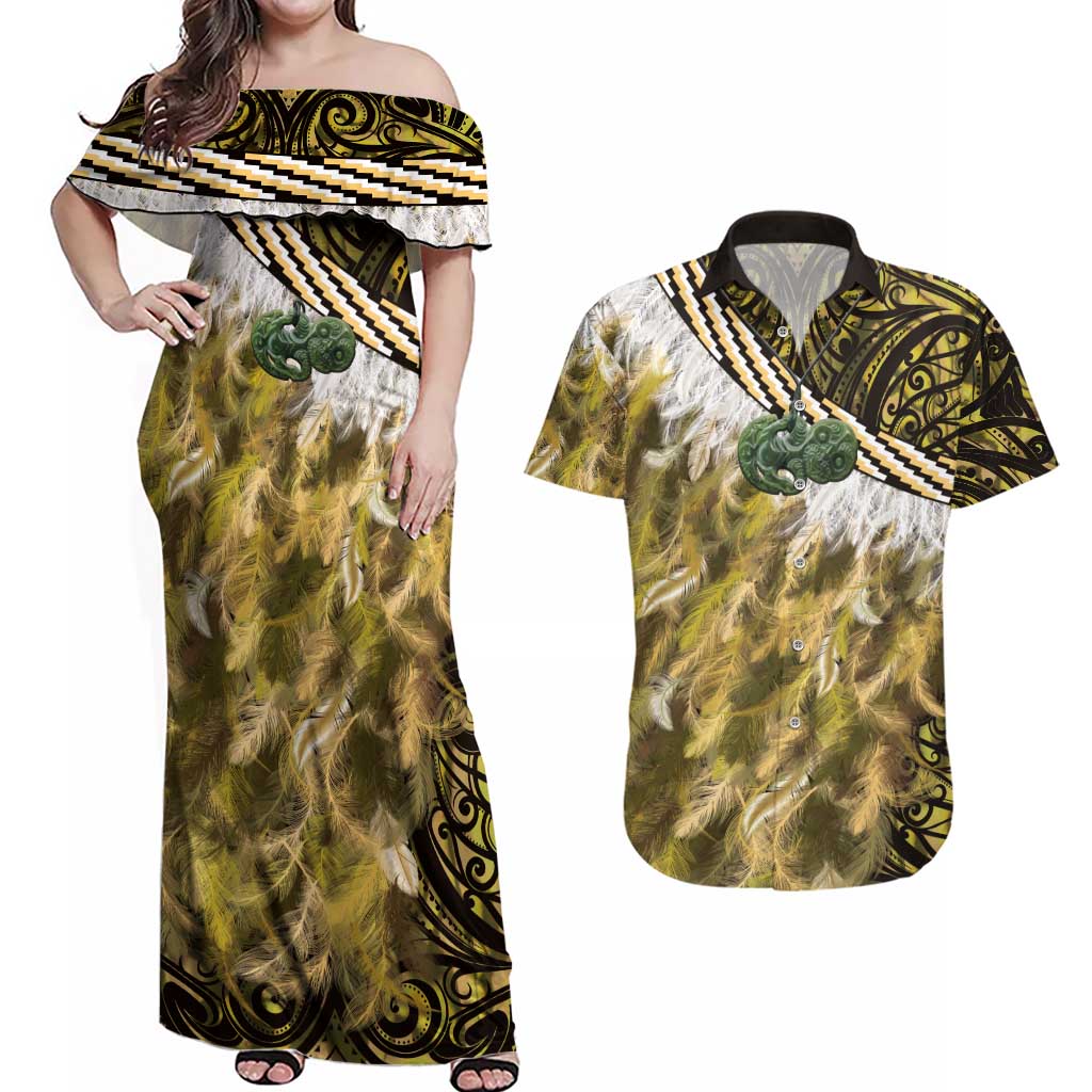 Yellow Traditional Cloak Aotearoa Couples Matching Off Shoulder Maxi Dress and Hawaiian Shirt Maori Paua Shell Korowai Pattern LT14 Yellow - Polynesian Pride