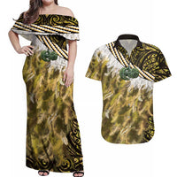 Yellow Traditional Cloak Aotearoa Couples Matching Off Shoulder Maxi Dress and Hawaiian Shirt Maori Paua Shell Korowai Pattern LT14 Yellow - Polynesian Pride