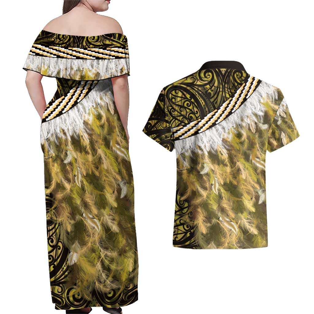 Yellow Traditional Cloak Aotearoa Couples Matching Off Shoulder Maxi Dress and Hawaiian Shirt Maori Paua Shell Korowai Pattern LT14 - Polynesian Pride