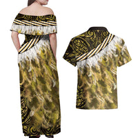 Yellow Traditional Cloak Aotearoa Couples Matching Off Shoulder Maxi Dress and Hawaiian Shirt Maori Paua Shell Korowai Pattern LT14 - Polynesian Pride