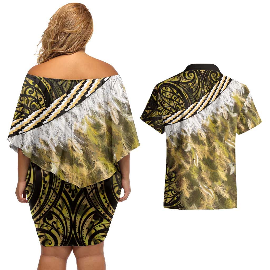 Yellow Traditional Cloak Aotearoa Couples Matching Off Shoulder Short Dress and Hawaiian Shirt Maori Paua Shell Korowai Pattern LT14 - Polynesian Pride