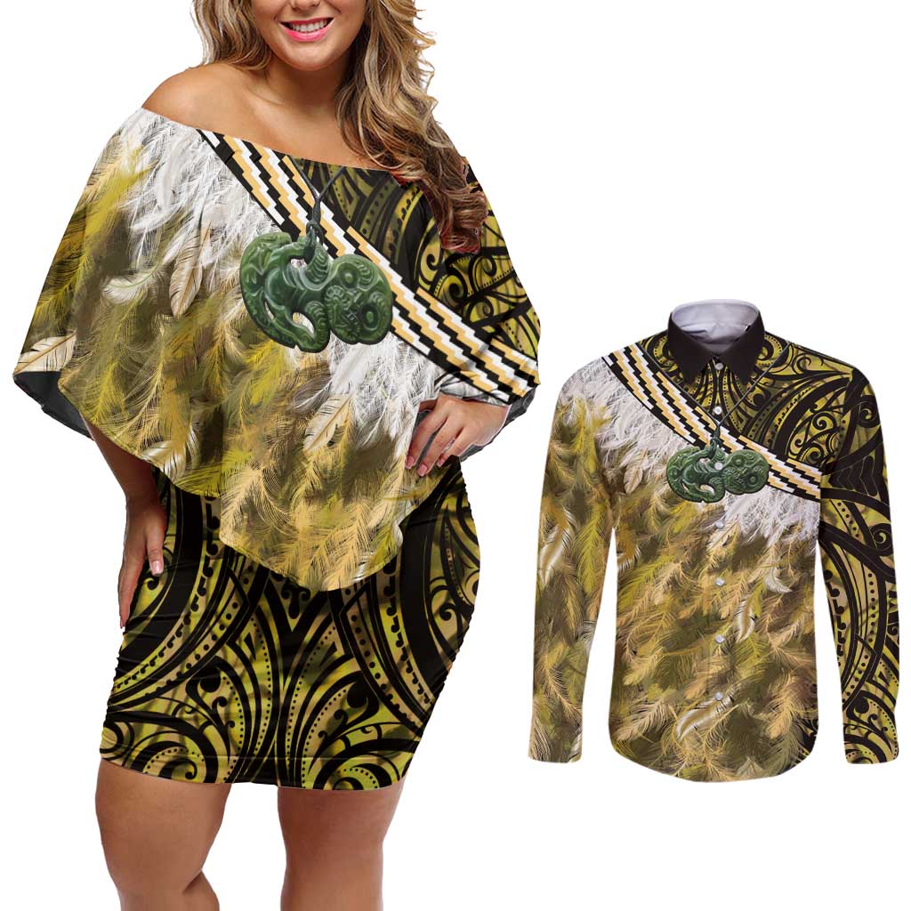 Yellow Traditional Cloak Aotearoa Couples Matching Off Shoulder Short Dress and Long Sleeve Button Shirt Maori Paua Shell Korowai Pattern LT14 Yellow - Polynesian Pride