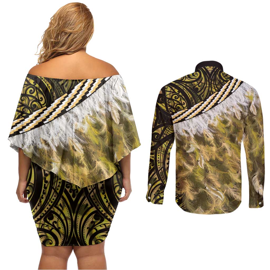 Yellow Traditional Cloak Aotearoa Couples Matching Off Shoulder Short Dress and Long Sleeve Button Shirt Maori Paua Shell Korowai Pattern LT14 - Polynesian Pride