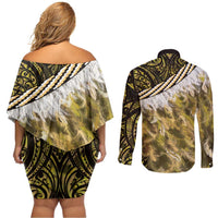 Yellow Traditional Cloak Aotearoa Couples Matching Off Shoulder Short Dress and Long Sleeve Button Shirt Maori Paua Shell Korowai Pattern LT14 - Polynesian Pride