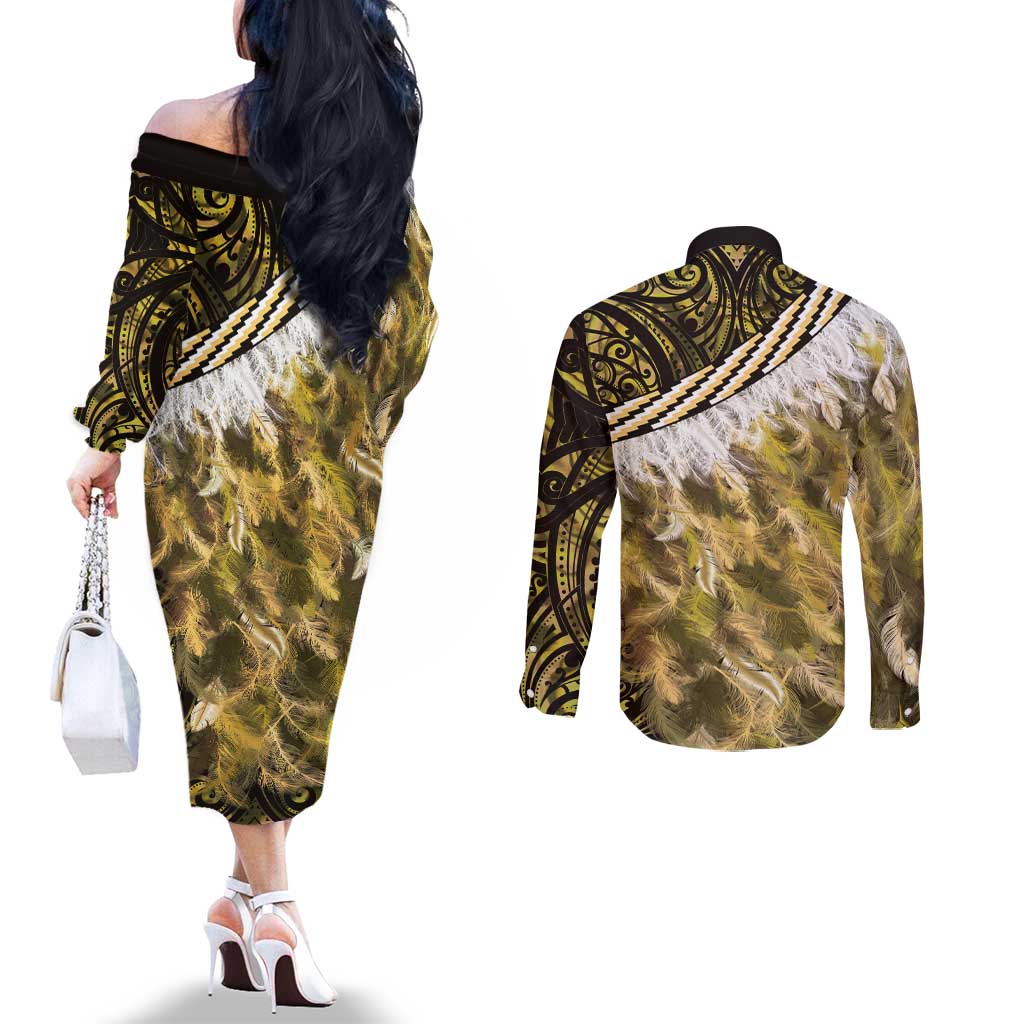 Yellow Traditional Cloak Aotearoa Couples Matching Off The Shoulder Long Sleeve Dress and Long Sleeve Button Shirt Maori Paua Shell Korowai Pattern LT14 - Polynesian Pride