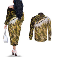 Yellow Traditional Cloak Aotearoa Couples Matching Off The Shoulder Long Sleeve Dress and Long Sleeve Button Shirt Maori Paua Shell Korowai Pattern LT14 - Polynesian Pride