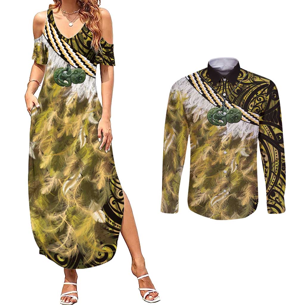 Yellow Traditional Cloak Aotearoa Couples Matching Summer Maxi Dress and Long Sleeve Button Shirt Maori Paua Shell Korowai Pattern LT14 Yellow - Polynesian Pride