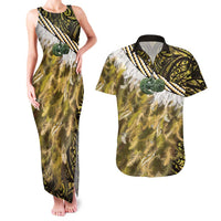 Yellow Traditional Cloak Aotearoa Couples Matching Tank Maxi Dress and Hawaiian Shirt Maori Paua Shell Korowai Pattern LT14 Yellow - Polynesian Pride