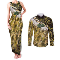 Yellow Traditional Cloak Aotearoa Couples Matching Tank Maxi Dress and Long Sleeve Button Shirt Maori Paua Shell Korowai Pattern LT14 Yellow - Polynesian Pride