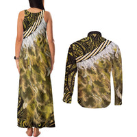 Yellow Traditional Cloak Aotearoa Couples Matching Tank Maxi Dress and Long Sleeve Button Shirt Maori Paua Shell Korowai Pattern LT14 - Polynesian Pride