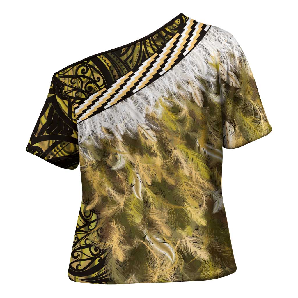 Yellow Traditional Cloak Aotearoa Cross Shoulder Shirt Maori Paua Shell Korowai Pattern - Polynesian Pride