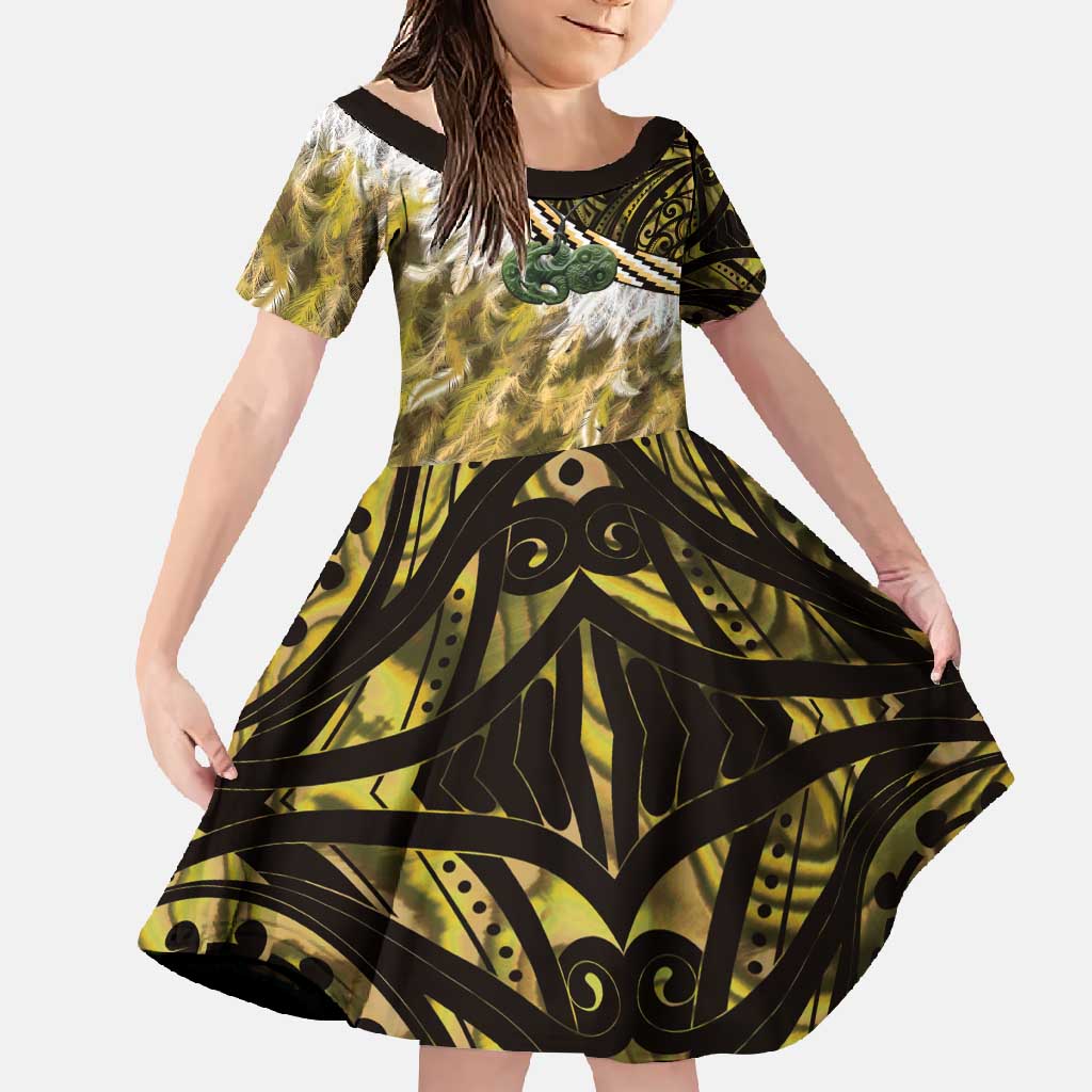 Yellow Traditional Cloak Aotearoa Family Matching Long Sleeve Bodycon Dress and Hawaiian Shirt Maori Paua Shell Korowai Pattern