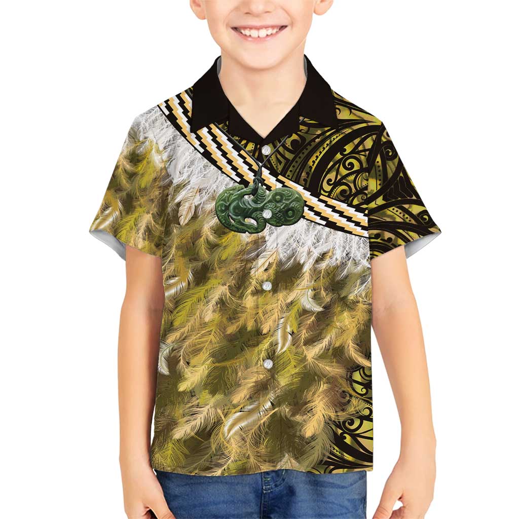 Yellow Traditional Cloak Aotearoa Family Matching Long Sleeve Bodycon Dress and Hawaiian Shirt Maori Paua Shell Korowai Pattern