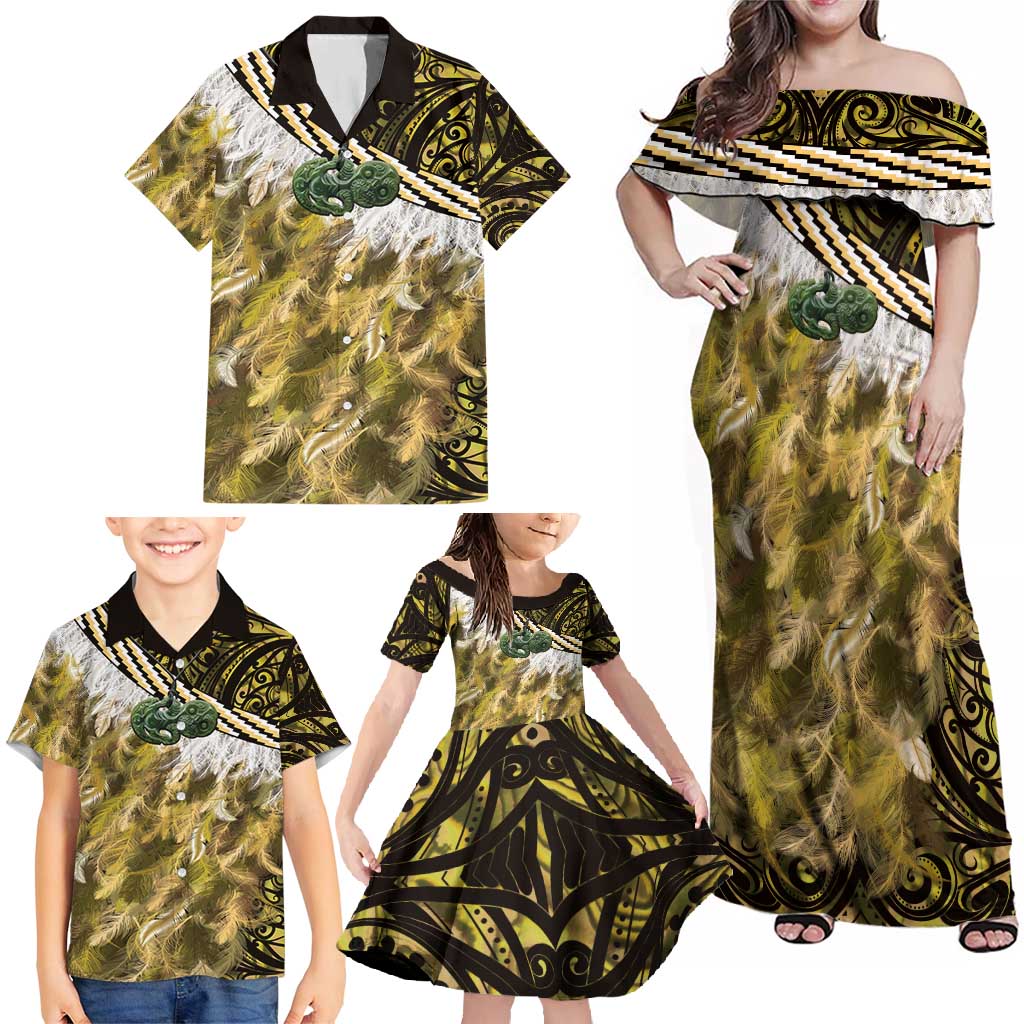 Yellow Traditional Cloak Aotearoa Family Matching Off Shoulder Maxi Dress and Hawaiian Shirt Maori Paua Shell Korowai Pattern