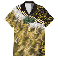Yellow Traditional Cloak Aotearoa Family Matching Off Shoulder Short Dress and Hawaiian Shirt Maori Paua Shell Korowai Pattern