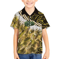 Yellow Traditional Cloak Aotearoa Family Matching Off Shoulder Short Dress and Hawaiian Shirt Maori Paua Shell Korowai Pattern
