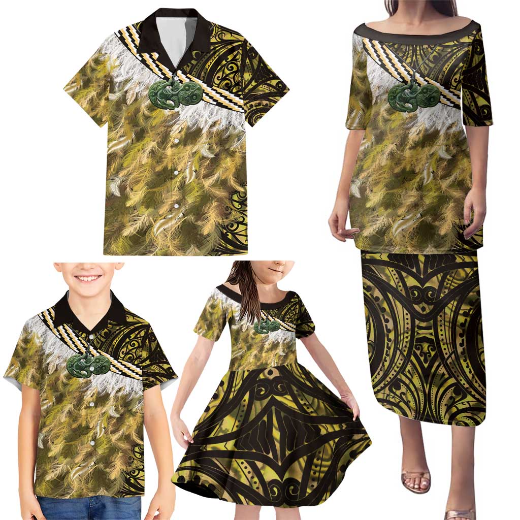 Yellow Traditional Cloak Aotearoa Family Matching Puletasi and Hawaiian Shirt Maori Paua Shell Korowai Pattern LT14 - Polynesian Pride
