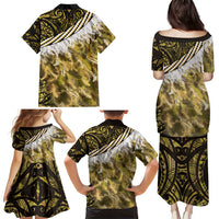 Yellow Traditional Cloak Aotearoa Family Matching Puletasi and Hawaiian Shirt Maori Paua Shell Korowai Pattern LT14 - Polynesian Pride