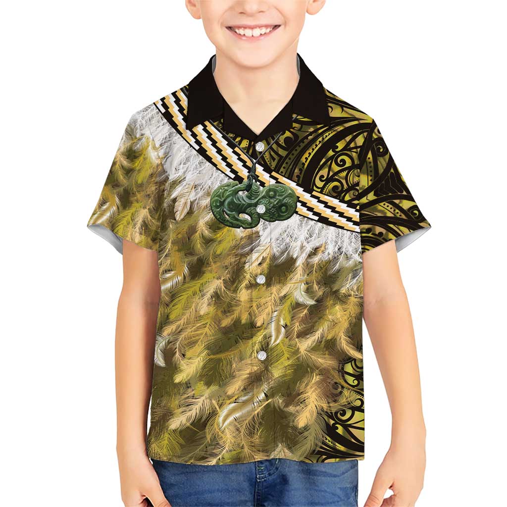 Yellow Traditional Cloak Aotearoa Family Matching Short Sleeve Bodycon Dress and Hawaiian Shirt Maori Paua Shell Korowai Pattern