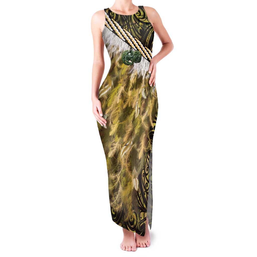 Yellow Traditional Cloak Aotearoa Family Matching Tank Maxi Dress and Hawaiian Shirt Maori Paua Shell Korowai Pattern