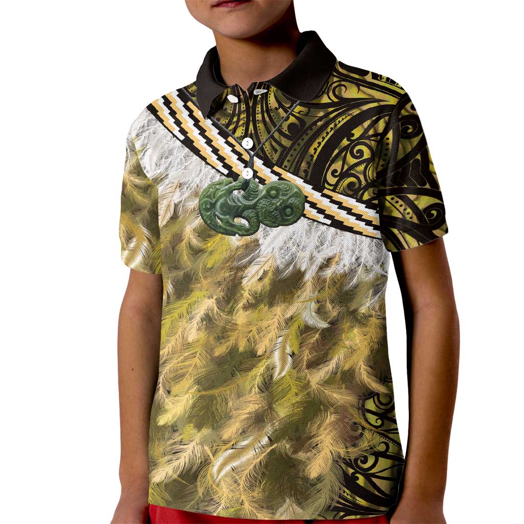 Yellow Traditional Cloak Aotearoa Kid Polo Shirt Maori Paua Shell Korowai Pattern LT14 Kid Yellow - Polynesian Pride