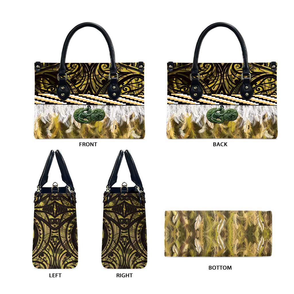 Yellow Traditional Cloak Aotearoa Leather Bag Maori Paua Shell Korowai Pattern - Polynesian Pride