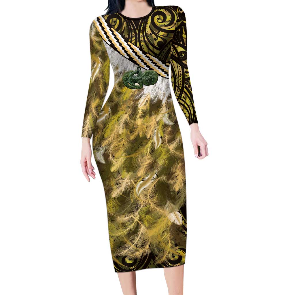 Yellow Traditional Cloak Aotearoa Long Sleeve Bodycon Dress Maori Paua Shell Korowai Pattern