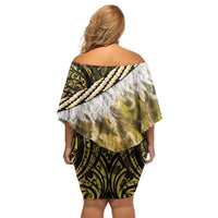 Yellow Traditional Cloak Aotearoa Off Shoulder Short Dress Maori Paua Shell Korowai Pattern