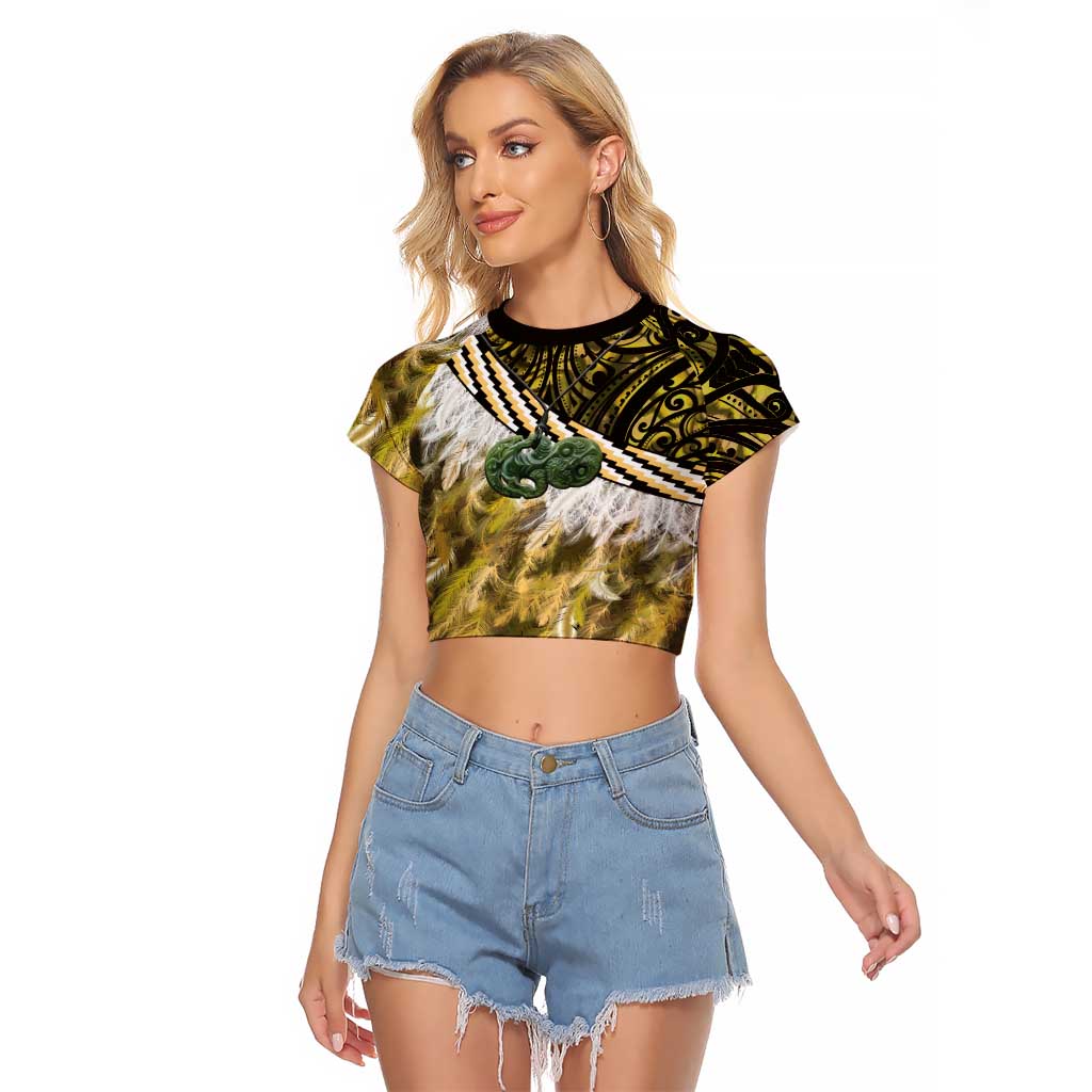 Yellow Traditional Cloak Aotearoa Raglan Cropped T Shirt Maori Paua Shell Korowai Pattern LT14 Female Yellow - Polynesian Pride