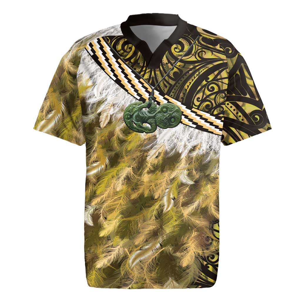 Yellow Traditional Cloak Aotearoa Rugby Jersey Maori Paua Shell Korowai Pattern